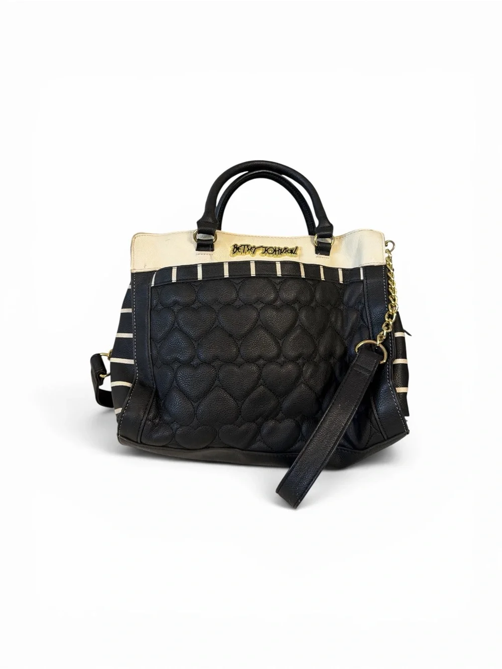 Betsey Johnson Black and Cream Quilted Heart Satchel with Gold Accent